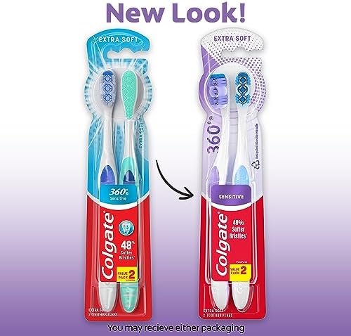 Colgate 360 Extra Soft Toothbrush for Sensitive Teeth and Gums with Tongue and Cheek Cleaner - 2 Count