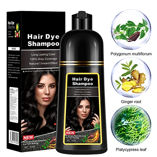 Instant Black Hair Dye Shampoo 3 in 1 for Men Women, Herbal Hair Color Shampoo for Gray Hair Coverage, Natural Champu Para Canas Easy to Use 17.6 FL OZ (Black)