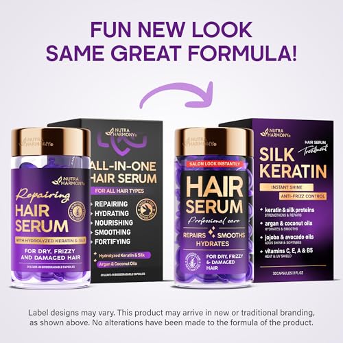 Hair Serum Capsules – Keratin & Silk Protein Hair Treatment with Argan, Coconut, Jojoba & Avocado Oils – Leave‑In Anti‑Frizz Hair Oil w/ Vitamins A, E & B5 for Dry, Damaged Hair – No Rinse, 30 ct