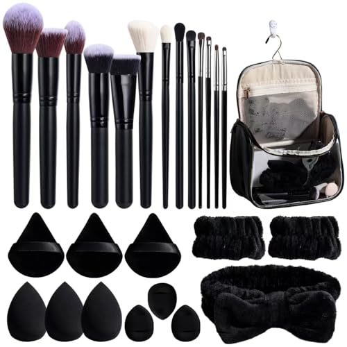 BS-MALL Makeup Brush Set with Waterproof Travel Bag & Makeup sponges -26 Pcs Set Triangle Puff & Face Washing Puffs,Face Wash Headband Wristband for Travel Go Camping Gift & Makeup Beginners