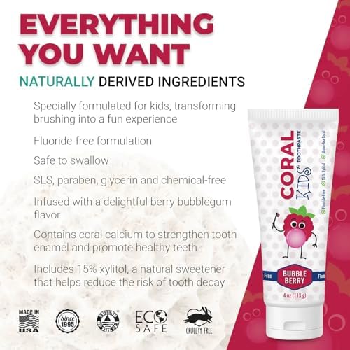Coral White Kids Bubble Berry Fluoride Free Toothpaste - 4 Ounces (1 Pack)