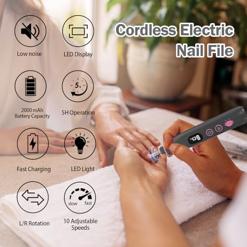 Cordless Electric Nail File Set, 10 Speeds Professional Manicure Pedicure Kit with LED Light, Portable Nail Drill for Natural & Acrylic Nails, Human & Pet Thick Toenails, w 120*Sanding Bands (Black)