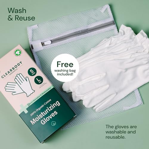Clearbody Organics White Organic Cotton Gloves, 5 Pairs (10 Pcs) - 100% Reusable Moisturizing for Dry & Cracked Hands Repair (Large) - White Gloves