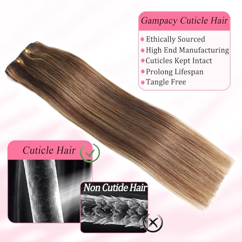 Clip in Hair Extensions Real Human Hair, Seamless Clip ins Real Human Hair for Women, Balayage Remy Human Hair Clip in Extensions, Double Weft 8pcs 16 inch Chocolate Brown to Caramel Blonde
