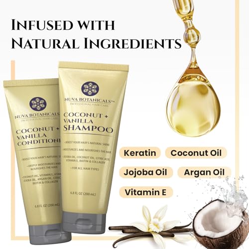 Coconut Shampoo and Conditioner, Vanilla Shampoo and Conditioner with Biotin and Collagen- Moisturizing Shampoo and Conditioner Set with Jojoba Oil, Argan Oil and Vitamin E(6.8oz each)
