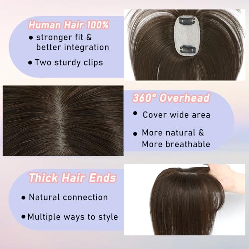 Hair Toppers for Women Real Human Hair, 360°3D Cover Topper for Women with Thinning Crown Wispy Clip in Bangs Realistic Scalp Line Hair Pieces (Medium Brown, Wispy Bangs)