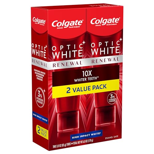 Colgate Optic White Renewal Teeth Whitening Toothpaste with Fluoride, 3% Hydrogen Peroxide, High Impact White, Mint - 3 Ounce (2 Pack)