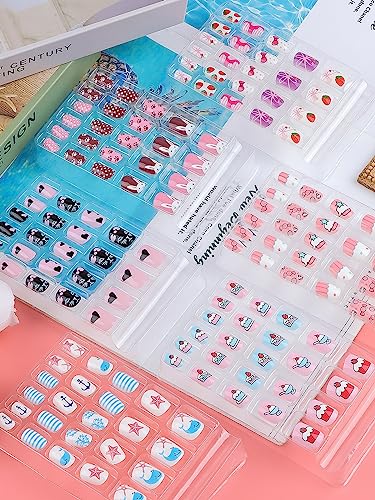 Kalolary 144 PCS Kids False Nail for Girls Gift, Press on Nail Color Short Fake Nails Artificial Nail Full Tips, Lovely Valentine's Day Gift for Little Girls Nail Art Decoration (6 Pack)