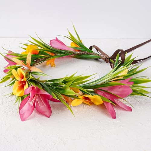 Hawaiian Leis Flower Crown - Artificial Tropical Flower Headpiece Hawaii Floral Headband with Ribbon Lei Luau Dress Up Hair Accessories for Luau Party Costume Beach Pool Vacation Decorations