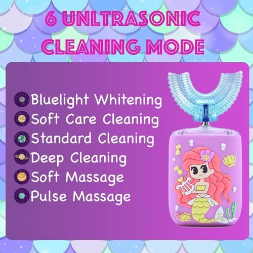 Kids Electric Toothbrush, U Shaped Toothbrush Kids Sonic Automatic Brush with 5 Brush Head 6 Sonic Clean Modes IPX7 Waterproof Mermaid Design Rechargeable Smart Timer for Children 2-7