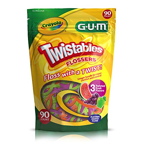 GUM Crayola Twistables Kids Flossers with Fluoride - Designed for Little Hands - Three Fun Fruit Flavors - Easy to Use Kids Floss Picks for Children Ages 3+, 90 Count (Pack of 4)
