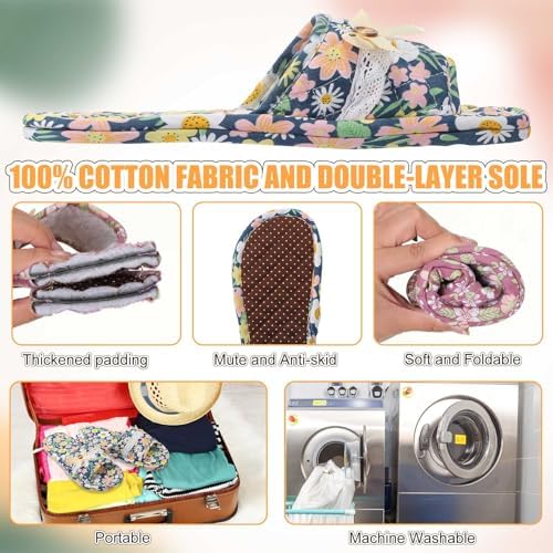 Chuarry 10 Pairs Floral Cotton House Slippers for Guest Women Washable Indoor Cotton Slippers Open Toe for Hotel Travel Airplane Spa, 2 Sizes