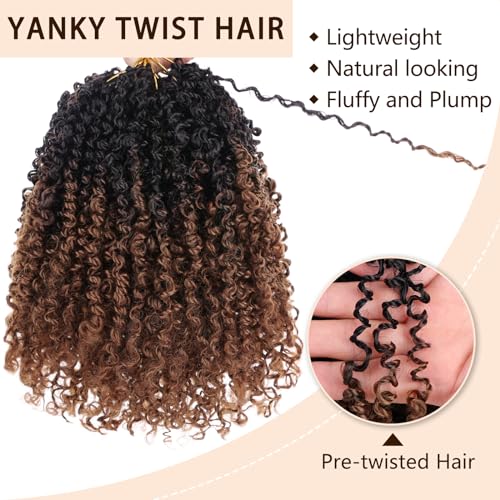 COOKOO 8 Inch 30 Strands/PCS Pre-looped Yanky Twists Crochet Braids 8 Packs Ombre Brown Spring Twists Hair Senegalese Twist Crochet Hair with Curls Synthetic Marlybob Crochet Hair Extensions 1B/30#
