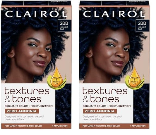 Clairol Textures & Tones Permanent Hair Dye, 2BB Midnight Blue Hair Color, Pack of 2