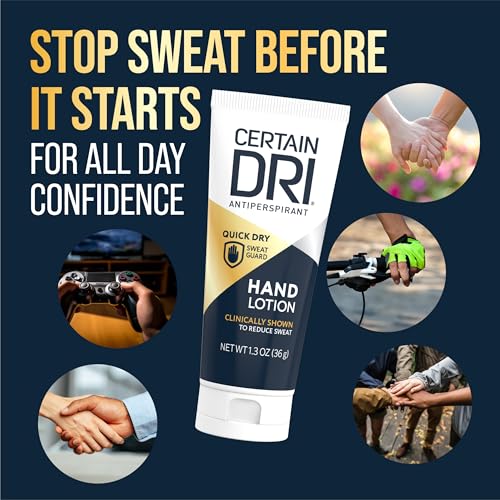 CERTAIN DRI Antiperspirant Hand Lotion – 24-Hour Sweat Protection for Excessive Sweating & Palmar Hyperhidrosis – Fast-Drying, Non-Greasy, Fragrance-Free Formula – Dermatologist-Tested, (1.3 oz)
