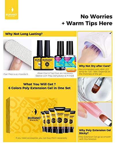 BURANO Poly Extension Gel Nail Kit, 6 Colors Nail Poly Nails Builder Gel Set for Beginner & Professional Using, DIY Starter Kit Nail Art Gift (glitter)