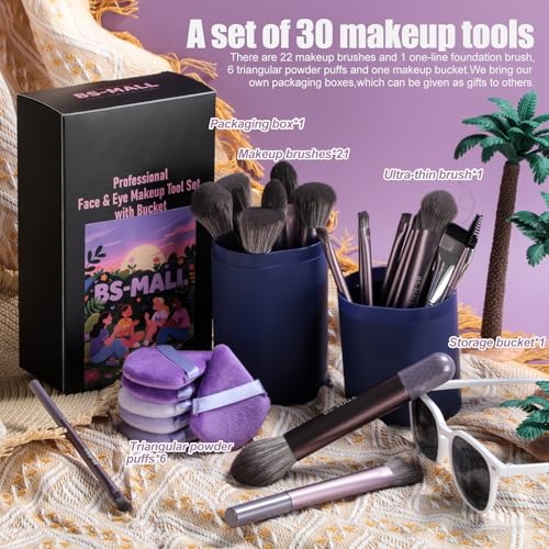 BS-MALL 21 Pcs Professional makeup brush set with foundation brush for liquid Makeup, eyeshadow Brush, concealer brush - Includes 6 Triangle Puffs & case for Even, Multi-purpose application (Purple)