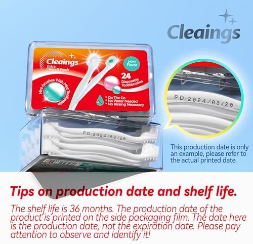 cleaings® Mini Brushes-Disposable Toothbrushes with Toothpaste and Pick for Work or Travel, 24 Count (Mint Flavor（Pack of 5）)