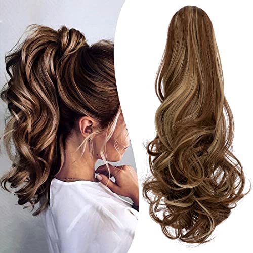 Claw Clip Ponytail Extension 18" Clip in Wavy Ponytail Hair Extensions Long Pony Tails for Women Extensions Ash Blonde Mix Light Brown Wave Hairpiece