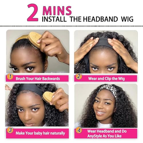 Kinky Curly Headband Wig Human Hair 20 Inch Headband Wigs for Women Human Hair Glueless None Lace Front Curly Wave Wigs Brazilian Virgin Hair Wear and Go Glueless Wig 150% Density Natural Black Color