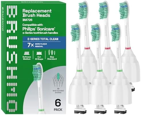 Brushmo e-Series Total Clean Replacement Toothbrush Heads, Compatible with Philips Sonicare Screw-on Electric Toothbrush Handles, 6 Standard Heads, Medium Firm Dupont Bristles, BM726, White