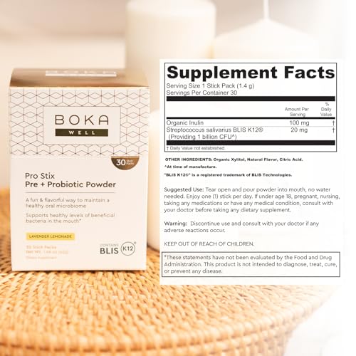 Boka Pro Stix Oral Probiotics for Mouth Bad Breath - 30ct Dental Probiotics Powder, Oral Health Pre + Probiotics for Teeth and Gums, BLIS K12 Oral Probiotic for Healthy Gum Health, Lemonade Lavender