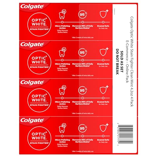 Colgate Optic White Stain Fighter Teeth Whitening Toothpaste, Anticavity Fluoride Toothpaste for Whitening Teeth, Helps Remove Daily Surface Stains, Clean Mint Paste, 4 Pack, 4.2 oz