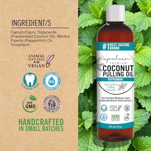 Coconut Oil Pulling for Teeth and Gums Mouthwash, 100% Pure and Natural, Non-GMO, Ayurvedic – Peppermint Pulling Oil