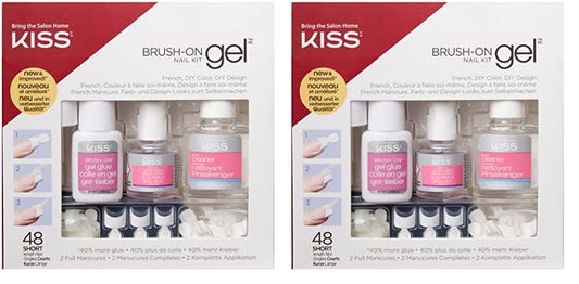 KISS Brush-On Gel Finish Fake Nail Kit French Manicure Set, 48 Short Length Square Shaped French & Natural Glue-On Nail Tips (Pack of 2)