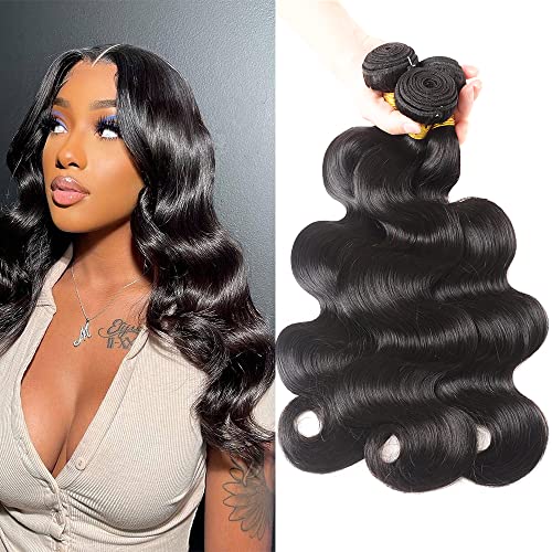 Aspumod 12A Human Hair Bundles Body Wave 3 Bundles Human Hair 16 18 20 Inch 100% Unprocessed Brazilian Virgin Hair Bundles Deals Human Hair Weave Body Wave Human Hair Extensions Natural Color