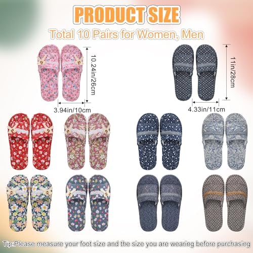 Chuarry 10 Pairs Floral Cotton House Slippers for Guest Women Washable Indoor Cotton Slippers Open Toe for Hotel Travel Airplane Spa, 2 Sizes