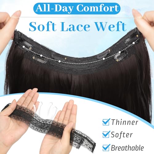 KooKaStyle Invisible Wire Hair Extensions 20‘’ Long Wavy Layered Synthetic Clip in Hair Extensions with Transparent Wire Adjustable Size 6 Secure Clips Dark Brown Thick Hairpieces for Women 20 Inch