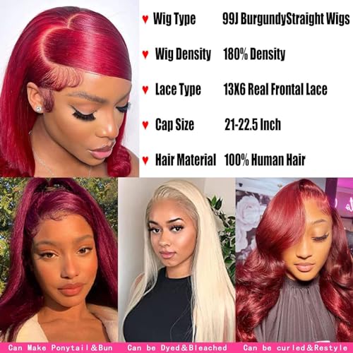 Burgundy Wig Human Hair 28inch 13x6 HD Transparent Lace Straight 99J Red Human Hair Wig Colored Reddish Brown Lace Frontal Wigs 180% Density Pre Plucked