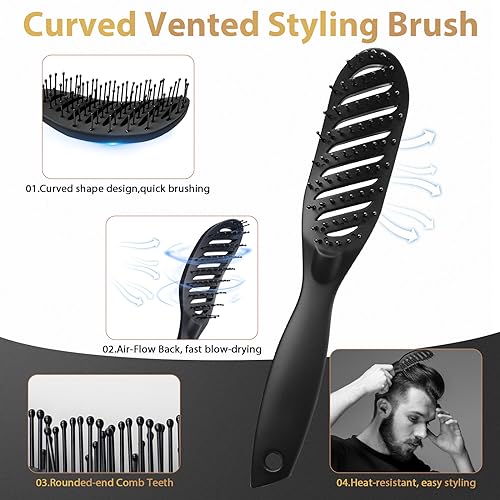 Hair Brush for Men, DUAIU 7Pcs Combs for Men, Hair Styling Comb Set with Vent Hair Brush, Quiff Round Hair Brush, Wide Tooth Comb, Texture Comb for Blow Drying, Detangling, Grooming, Hairdressing