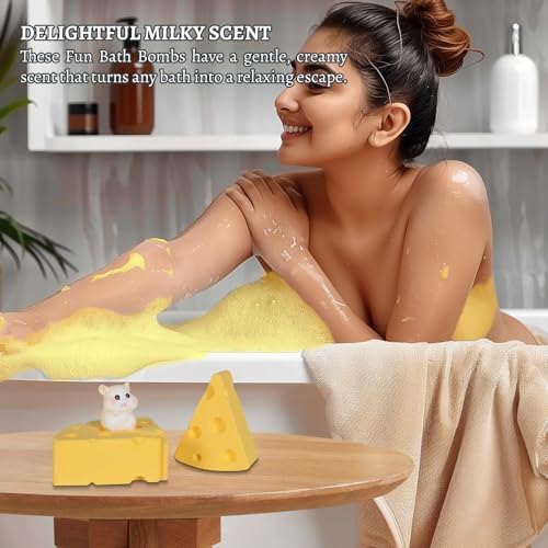 Cheese Bath Bombs Set - 7 Unique Cheese-Shaped & Milky Scented Shower Bomb with Surprise Mouse Miniature, Fun & Fancy Bathbombs, Ideal Cheesy Gift for Cheese & Bath Lovers