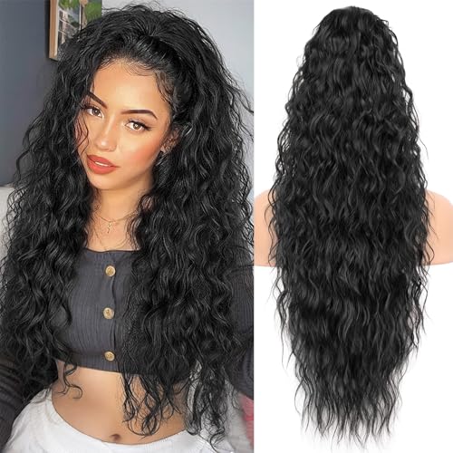 KooKaStyle Ponytail Extension 30 Inch Drawstring Pony Tails Hair Extensions for Women Long Curly Ponytail Synthetic Hairpieces for Daily Use（Black-1B）