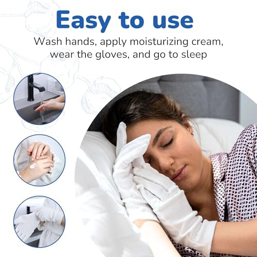 Cotton Gloves - for Beauty, Dry Hands, Eczema, Dermatitis and Psoriasis (7 Pairs) with Free Gifts (Professional Nail Buffer & Washing Bag) (Large)