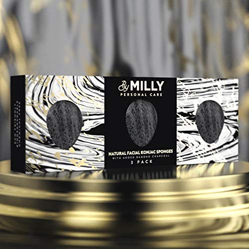 Konjac Sponge for Face | All Natural and Reusable | Konjac Facial Sponge with Activated Bamboo Charcoal | Gentle Exfoliating Sponge for Face | Cleaning for All Skin Types | Biodegradable - Black, 3pcs