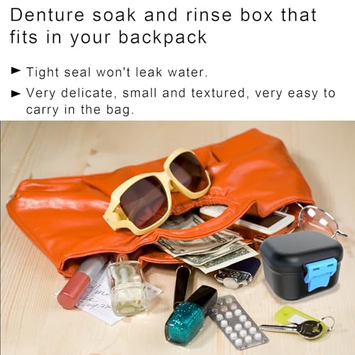 BVN Leak-Proof Denture Case, Denture Cup for Soaking Dentures, Retainer Cleaning Case Black and Bule Dent