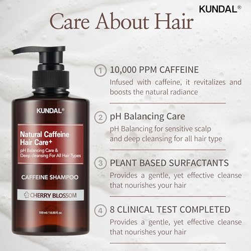 KUNDAL Korean Caffeine Scalp Shampoo [Cherry Blossom] – Sulfate-Free Hair Care with Menthol & Botanical Extracts – For Fuller-Looking Hair, Scalp Refresh & Strength – 16.9 Fl Oz