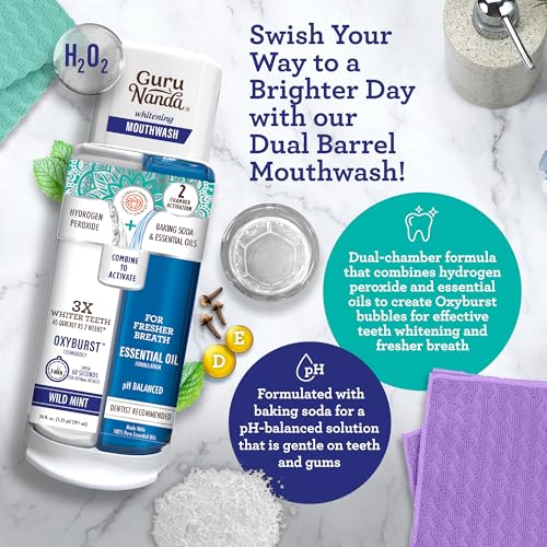 GuruNanda Whitening Wonder Duo, Dual Barrel Oxyburst Whitening Mouthwash 20 Oz & Teeth Whitening Strips with No Slip, Dry Strip Tech, 7 Day Treatments