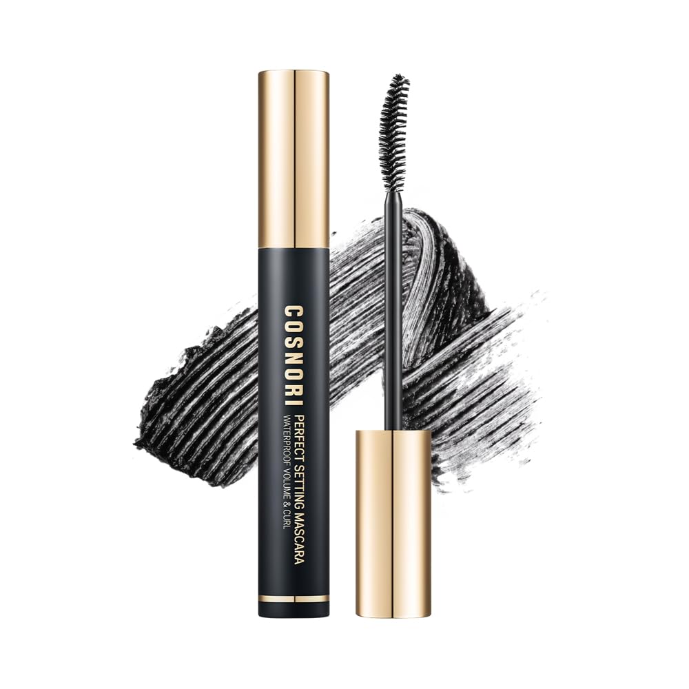 COSNORI Perfect Setting Waterproof Mascara Volume & Curl - Volumizing Mascara Black – Thicker, Voluminous Eyelashes – Waterproof, Smudge Proof, Clump Free – Irritation Free Tested, 0.24 fl.oz.