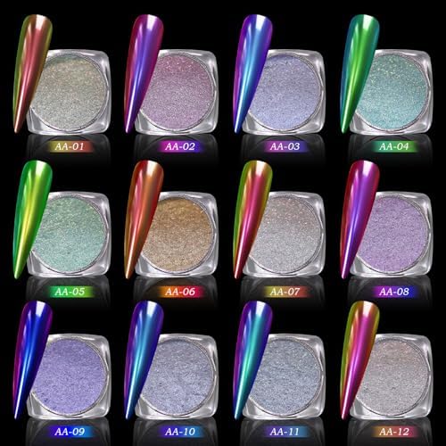 CHARMING MAY Holographic Chrome Nail Powder Sparkle Diamond Reflective Glitter Dust Metallic Nail Powder Magic Galaxy Effect for Nails Art (12Box Chameleon)