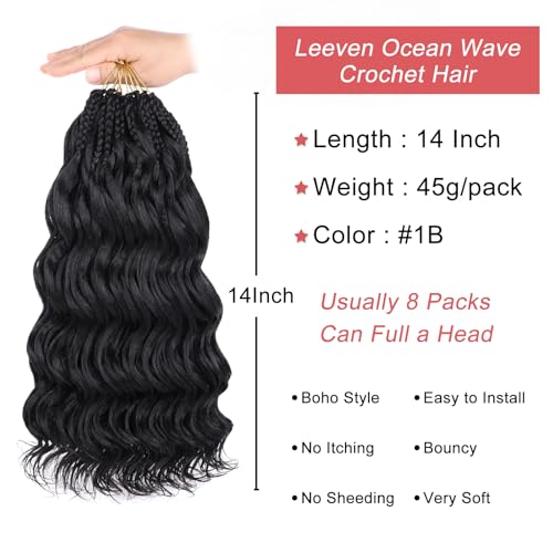 Leeven 14 Inch Pre Looped Ocean Wave Crochet Hair 8 Packs Black Short Curly Crochet Hair Boho Ocean Braids Pre Twisted Synthetic Deep Wavy Crochet Hair for Women