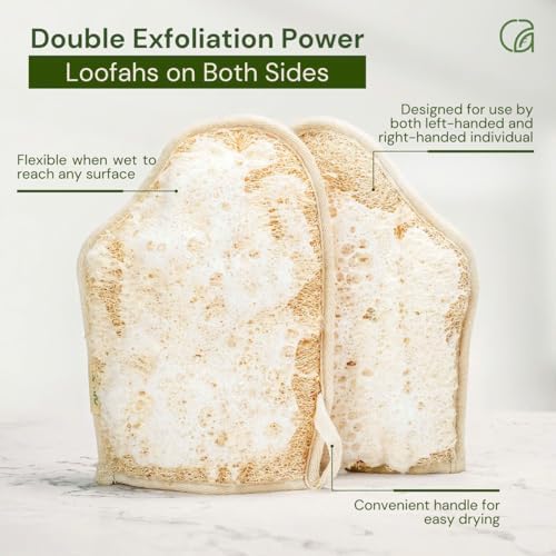 Chill Ah Green Glow Dual-Sided Loofah Bath Mitts (2-Pack) – 100% Plant-Based, Dye-Free, Biodegradable, Handcrafted in Vietnam – Natural Exfoliating Gloves for Glowing Skin