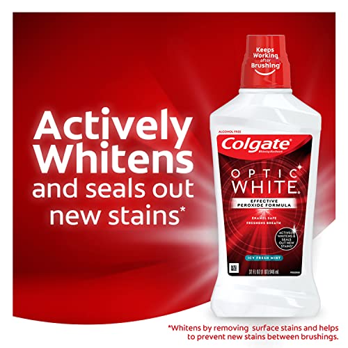 Colgate Optic White Whitening Mouthwash with Hydrogen Peroxide, Alcohol Free, Icy Fresh Mint - 32 fluid ounces (3 Pack)