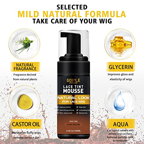 Lace Tint Melting Mousse for Wigs, Toupees, and Hairpieces - Natural Finishing Color and Glue Tool Set (Dark Brown)