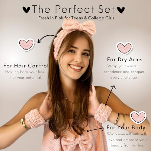 Happy Lolli Power Shower Gift Set – College Essential Bath Accessories for Women and Teen Girls – Includes Body Towel, Hair Towel, Wrist Bands, Headband, Face Sponge and More (Fresh in Pink)
