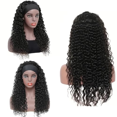 Headband Wig Human Hair Deep Wave 20 Inch Human Hair Headband Wig Glueless Curly Wigs None Lace Front Wigs for Black Women Natural Color