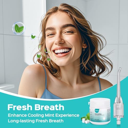 COSLUS Whitening Water Flosser Replacement Tips with 60 Pcs Mint Refills: Compatible with C20 (F5020E) & E40 (WFP14) Portable Water Flossers – Improve Stains Gently& Fresh Breath for Daily Oral Care